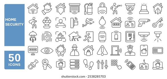 Conjunto de 50 iconos de línea relacionados con la seguridad del hogar, protección, inteligente, identidad, cámara, control remoto, acceso, cerradura, caja fuerte, casa, detector, carrera editable. Ilustración vectorial