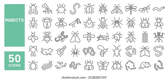 Set of 50 line icons related to insects, bee, beetle, butterfly, ant, caterpillar, dragonfly, fly, mouse, bug, Editable stroke. Vector illustration