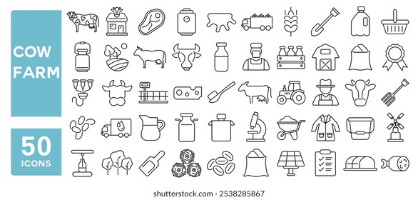 Conjunto de 50 ícones de linha relacionados a fazenda de vacas, fazenda, leite, laticínios, carne, mercado, colheita, fabricação, queijo, vacas, bezerro, gado, AVC editável. Ilustração vetorial