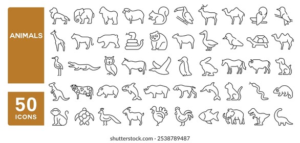 Set of 50 line icons related to animals, wild, pet, birds, domesticated, zoo, Editable stroke. Vector illustration