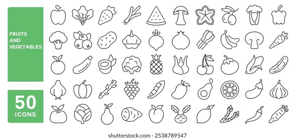 Set of 50 line icons related to fruits and vegetables, food, healthy, grocery, vegetarian, natural, fresh, Editable stroke. Vector illustration