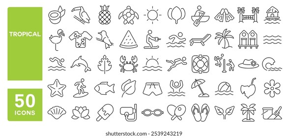 Conjunto de 50 iconos de línea relacionados con tropical, flores, playa, fruta, verano, natación, naturaleza, viajes, buceo, coco, golpe editable. Ilustración vectorial