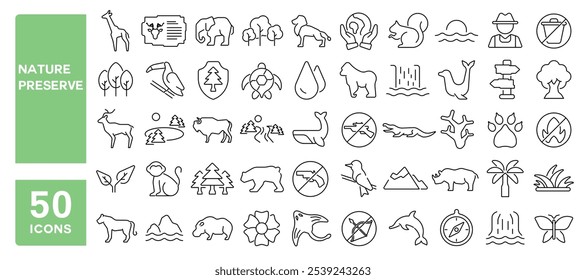 Set of 50 line icons related to nature preserve, animal park, zoo, water, trees, pure, environment, wild, birds, protection, Editable stroke. Vector illustration