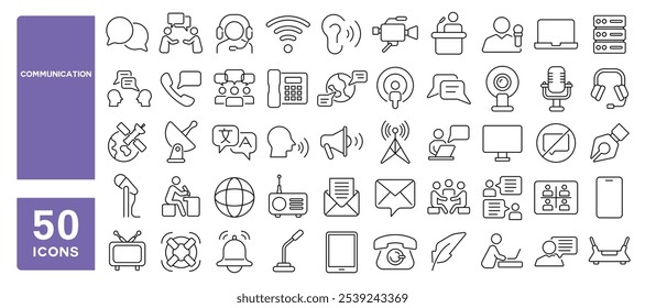 Set of 50 line icons related to communication, speech, talking, conversation, internet, technology, chat, message, conversation, Editable stroke. Vector illustration