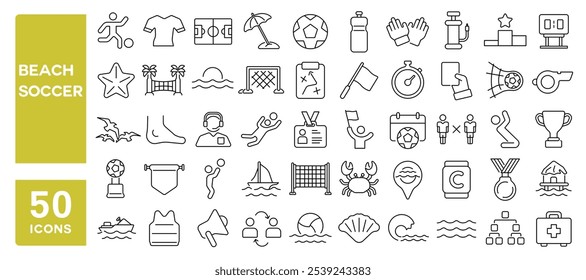 Conjunto de 50 iconos de línea relacionados con fútbol playa, fútbol, deporte, actividad, arena, palma, actividad, juego, golpe editable. Ilustración vectorial