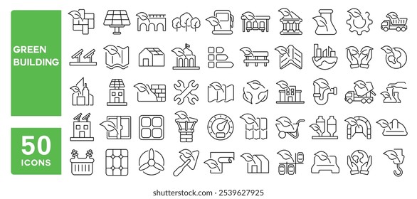 Set of 50 line icons related to green building, sustainable, construction, eco, home, concrete, green, bio, plant, city, housing, Editable stroke. Vector illustration