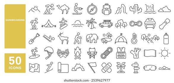 Conjunto de 50 iconos de línea relacionados con sandboarding, arena, desierto, actividad, al aire libre, soleado, tablero, abordaje, golpe editable. Ilustración vectorial