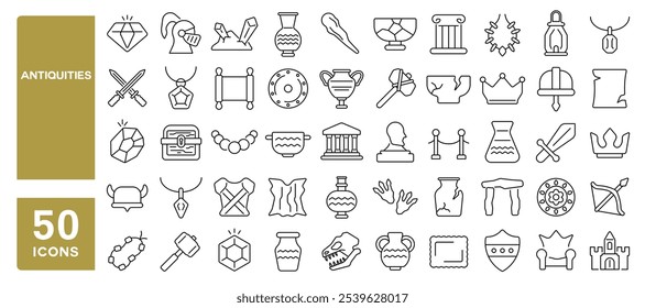 Set of 50 line icons related to antiquities, ancient, art, clay, vintage, jewel, old, history, sculpture, Editable stroke. Vector illustration