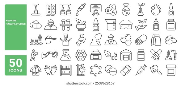 Set of 50 line icons related to medicine manufacturing, medical, production, pharma, factory, for, industry, science, machine, capsule, Editable stroke. Vector illustration