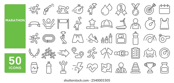 Set of 50 line icons related to marathon, run, running, podium, champion, sport, runner, track, race, athlete, distance, fast, Editable stroke. Vector illustration