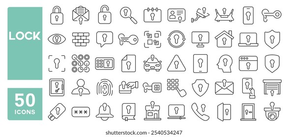 Conjunto de 50 ícones de linha relacionados a bloqueio, proteção, segurança, guarda, seguro, escudo, digital, defesa, curso editável. Ilustração vetorial