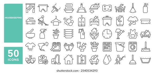 Conjunto de 50 iconos de línea relacionados con la limpieza, limpieza, lavado, doméstico, trapeador, higiene, lavandería, hogar, servicio, vacío, esponja, golpe editable. Ilustración vectorial