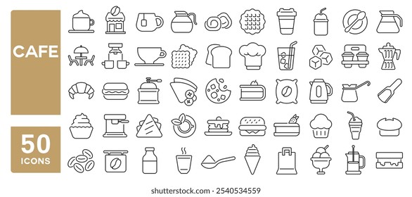 Set of 50 line icons related to cafe, coffee shop, latte, bean, maker machine, cappuccino, cake, espresso, snack, Editable stroke. Vector illustration