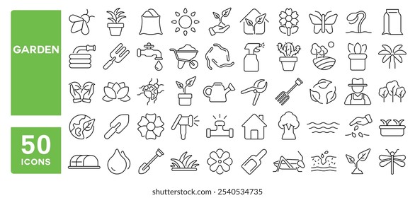 Set of 50 line icons related to garden, gardening, watering, plant, flowers, grass, trees, trowel, shrub, Editable stroke. Vector illustration