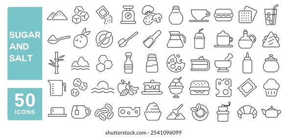 Set von 50 Linien Icons bezogen auf Zucker und Salz, salzig, süß, Rohr, Meer, Pulver, Stärke, Löffel, Würfel, Natur, Pack, Glukose, Editable Stroke. Vektorgrafik