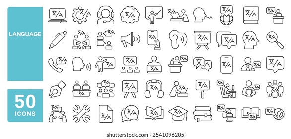 Conjunto de 50 ícones de linha relacionados a linguagem, tradução, fala, dicionário, texto, habilidade, falar, vocabulário, verbal, falar, gramática, AVC editável. Ilustração vetorial