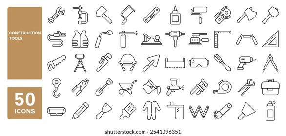 Set of 50 line icons related to construction tools, instrument, drill, shovel, screwdriver, hammer, paintbrush, wrench, saw, ruler, trowel, Editable stroke. Vector illustration