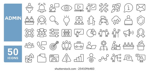 Conjunto de 50 iconos de línea relacionados con el administrador, administración, Asistencia, gerente, desarrollo, proceso, equipo, agente, consultor, trazo editable. Ilustración vectorial