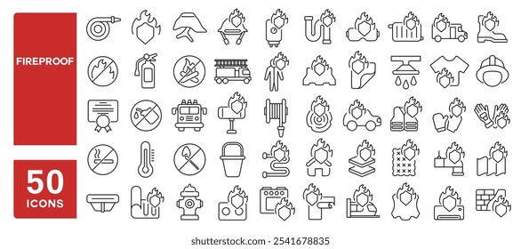 Conjunto de 50 iconos de línea relacionados con ignífugo, protección, seguridad, escudo, llama, calor, Asistencia, reflexión, carrera editable. Ilustración vectorial