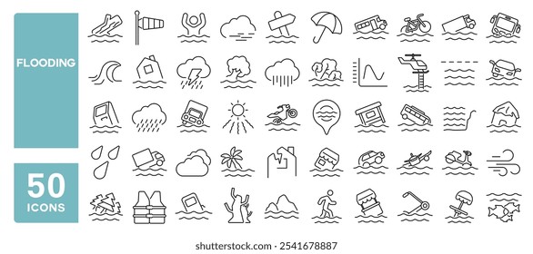 Set von 50 Linien Icons im Zusammenhang mit Überschwemmungen, Fluss, Wasser, Naturkatastrophe, Wetter, Klima, Schäden, Tsunami, Gefahr, Risiko, Niederschlag, Bearbeitbarer Schlaganfall. Vektorgrafik