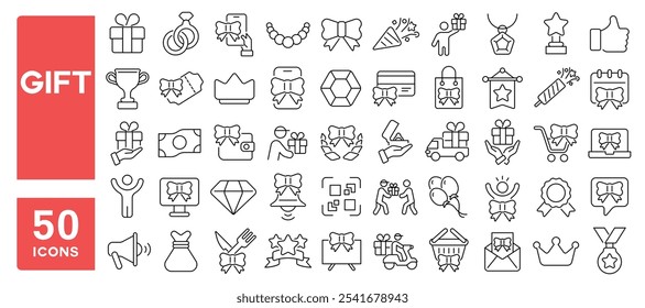 Conjunto de 50 iconos de línea relacionados con regalo, premio, sorpresa, cumpleaños, bonificación, paquete, descuento, caja, arco, presente, golpe editable. Ilustración vectorial