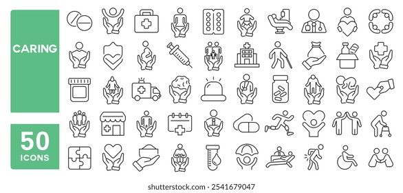 Set of 50 line icons related to caring, people, support, help, health, community, treatment, recovery, social, Editable stroke. Vector illustration