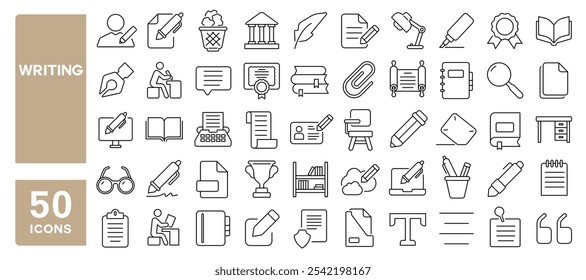 Set of 50 line icons related to writing, write, writer, book, pen, pencil, paper, document, search, crayon, author, Editable stroke. Vector illustration