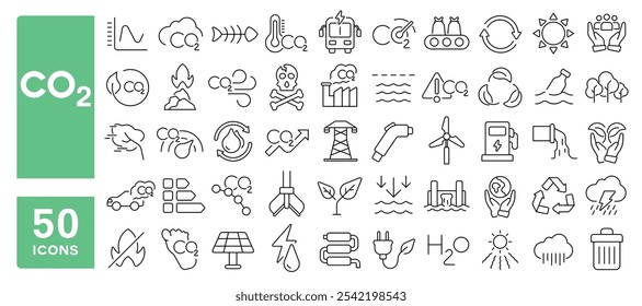 Set von 50 Linien Icons in Bezug auf CO2, Reduktion, Emissionen, Wolke, Verschmutzung, Klima, Kohlendioxid, Öko, Energie, Bearbeitbare Schlaganfall. Vektorgrafik