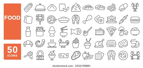 Set of 50 line icons related to food, eatery, eat, meal, lunch, dinner, supper, snack, Editable stroke. Vector illustration