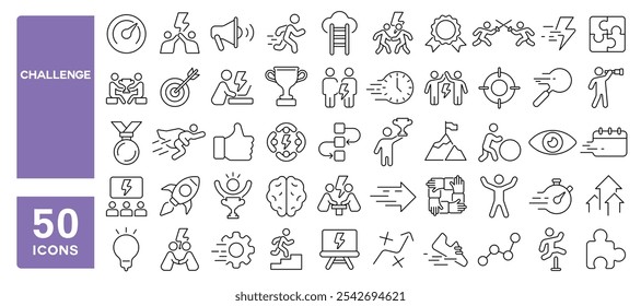 Set of 50 line icons related to challenge, competition, battle, obstacle, progress, triumph, courage, difficulty, mission, struggle, Editable stroke. Vector illustration