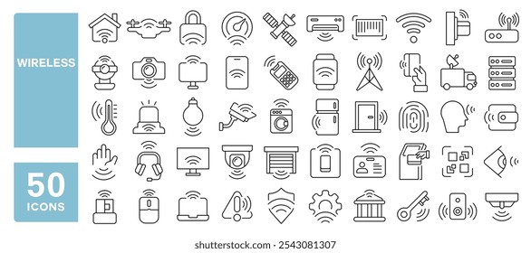 Set of 50 line icons related to wireless, signal, access, payment, device, hotspot, technology, wave, internet, connect, smart, Editable stroke. Vector illustration