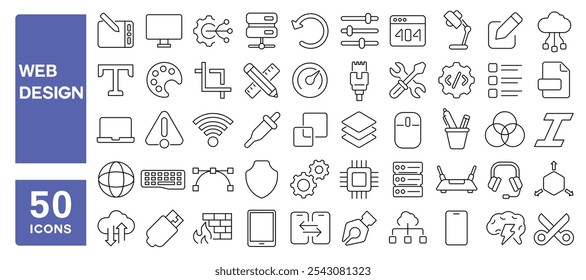 Set of 50 line icons related to web design, creative, internet, interface, page, software, artwork, development, website, Editable stroke. Vector illustration