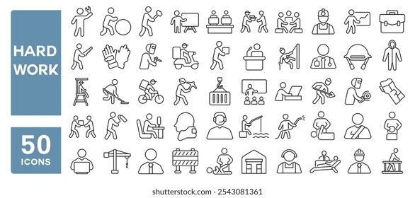 Set of 50 line icons related to hard work, worker, labor, heavy, effort, difficult, task, carry, industrial, Editable stroke. Vector illustration