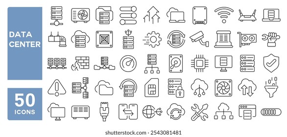 Conjunto de 50 ícones de linha relacionados a data center, nuvem, computação, hospedagem, servidor, firewall, cibernético, proxy, gateway, curso editável. Ilustração vetorial