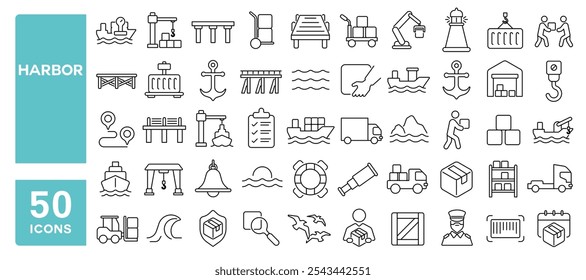 Conjunto de 50 iconos de línea relacionados con puerto, puerto, mar, contenedor, grúa, logística, mercancías, muelle, barco, barco, carrera editable. Ilustración vectorial