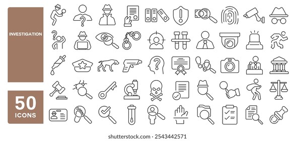 Conjunto de 50 iconos de línea relacionados con la investigación, detective, búsqueda, espía, pistas, seguimiento, criminal, detective, resolver, golpe editable. Ilustración vectorial