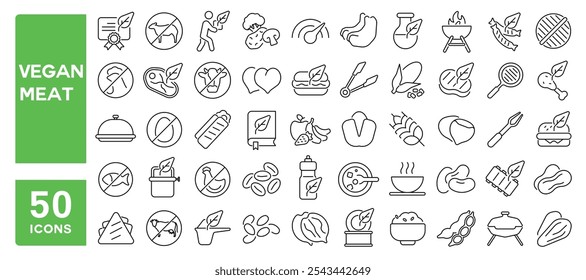 Set von 50 Linien Icons in Bezug auf veganes Fleisch, Pflanze, vegetarisch, Burger, Protein, Bio, Bio, Produkt, Lebensmittel, Bearbeitbare Schlaganfall. Vektorgrafik