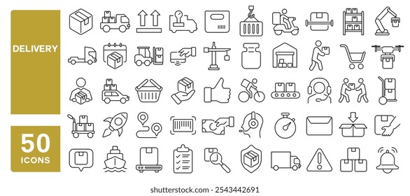 Set of 50 line icons related to delivery, shipping, courier, parcel, package, logistic, express, pack, Editable stroke. Vector illustration