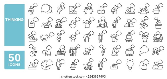 Set of 50 line icons related to thinking, reasoning, think, logic, analyzer, decision, research, evaluation, argument, Editable stroke. Vector illustration