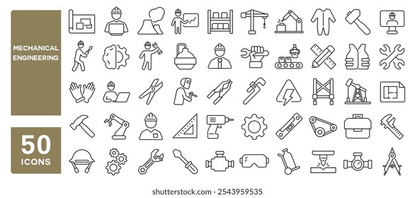 Set of 50 line icons related to mechanical engineering, mechanic, labor, industrial, engine, machinery, technology, gear, fix, engineer, Editable stroke. Vector illustration