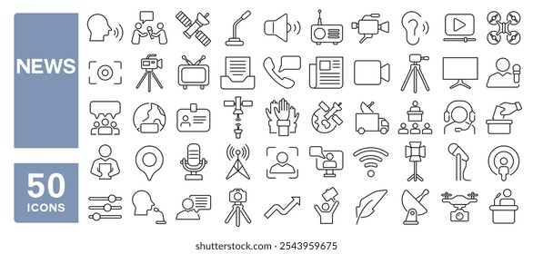 Set of 50 line icons related to news, interview, report, press, newspaper, media, microphone, online, interviewer, camera, satellite, Editable stroke. Vector illustration