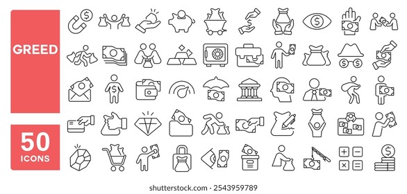 Set von 50 Linien Icons in Bezug auf Gier, gierig, Geld zu greifen, Habsucht, magnetisieren Fonds, reich, reich, wohlhabend, geizig, Ersparnisse, Kritzeleien, editierbare Stroke. Vektorgrafik