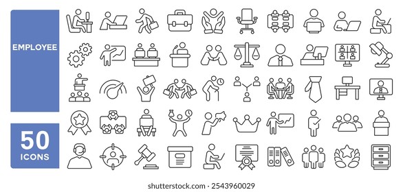 Set of 50 line icons related to employee, work, business, employment, organization, teamwork, office, employer, worker, Editable stroke. Vector illustration