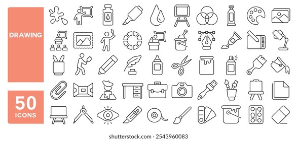 Set of 50 line icons related to drawing, art, creativity, gallery, paint, brush, artwork, color, painting, sketch, Editable stroke. Vector illustration