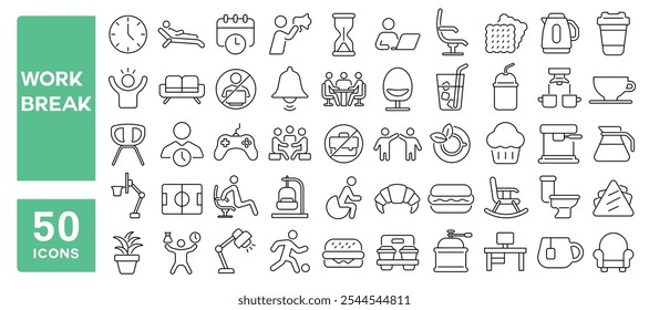 Set of 50 line icons related to work break, time, relax, snack, coffee, refresh, office, gaming, tea, calm, Editable stroke. Vector illustration