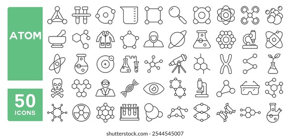 Conjunto de 50 iconos de línea relacionados con átomo, molécula, microscópico, neutrón, electrón, protón, partícula, neutrón, trazo editable. Ilustración vectorial