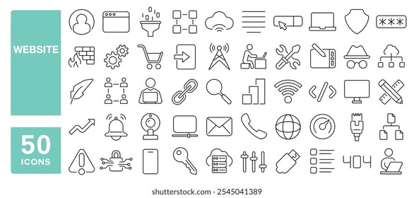 Conjunto de 50 iconos de línea relacionados con el Sitio web, Internet, Web, búsqueda, página de inicio, blog, contenido, Enlace, interfaz, mapa del sitio, trazo editable. Ilustración vectorial