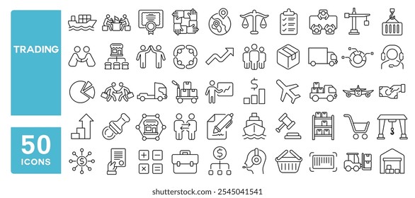 Conjunto de 50 ícones de linha relacionados ao comércio, investimento, internacional, fornecedor, navio, acordos, global, distribuição, porto, produção, comércio, curso editável. Ilustração vetorial