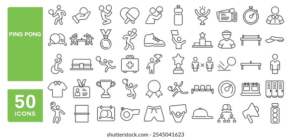 Conjunto de 50 iconos de línea relacionados con ping pong, tenis de mesa, raqueta, pádel, deporte, actividad, jugador, pelota, golpe editable. Ilustración vectorial