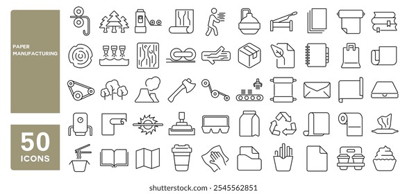 Set von 50 Linien Icons in Bezug auf Papierherstellung, Produktion, Box, Maschine, Rolle, Holz, glänzend, Prozess, Lebensmittelverpackung, Blatt, Bearbeitbare Strich. Vektorgrafik